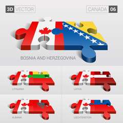 Canada and Bosnia and Herzegovina, Lithuania, Latvia, Albania, Liechtenstein Flag. 3d vector puzzle. Set 06.