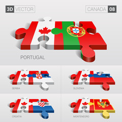 Canada and Portugal, Serbia, Slovenia, Croatia, Montenegro Flag. 3d vector puzzle. Set 08.