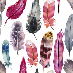 pink pattern of watercolor feathers - 113263934