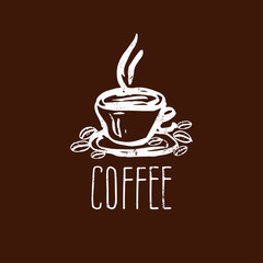 Hand drawn logo with coffee cup. Vector illustration