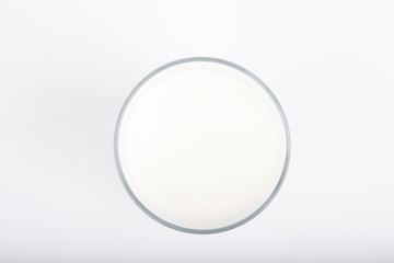 glass of milk on white background top view