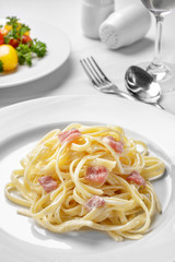 italian tagliatelle carbonara with beef bacon