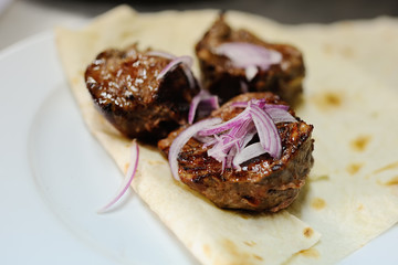 Appetizing shish kebab on pita bread