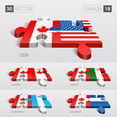 Canada and USA, Canada, Mexico, Guatemala, Salvador Flag. 3d vector puzzle. Set 18.