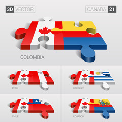 Canada and Colombia, Peru, Uruguay, Chile, Ecuador Flag. 3d vector puzzle. Set 21.