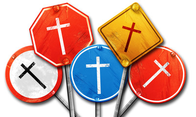 Christian cross icon, 3D rendering, rough street sign collection