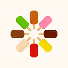 Sweet cold ice cream set and tasty frozen ice cream collection vector delicious. Set of cartoon colorful ice-cream desserts. Chocolate, milk and fruit icecream. Ice lolly