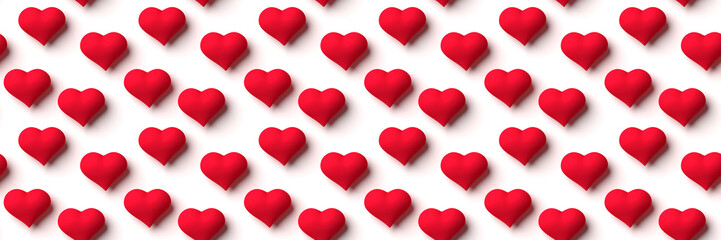seamless banner of big red hearts on a white background (format 3x1, 3d illustration) 
