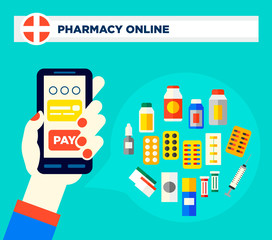 Hand holding a smartphone. Drug screen concept of online pharmacy vector illustration in flat style. Easy to edit, text could be removed. 