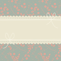 Horizontal lace frame with pink flowers and leaves on light blue
