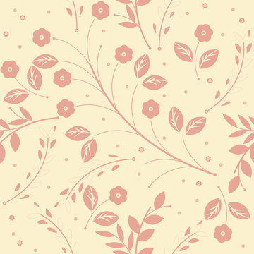 Endless pattern with beautiful pink flowers and leaves on yellow