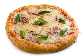 Delicious tasty pizza with vegetables, isolated on white