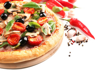 Delicious tasty pizza with vegetables on light background