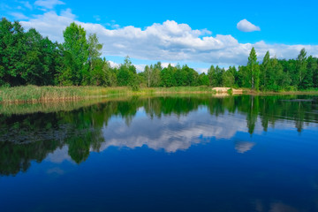 Fototapeta na wymiar Forest lake and blue cloudy sky