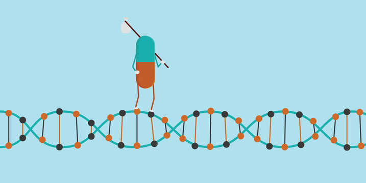 Pill Walking On DNA. Pharmacology And Genetics Concept. 