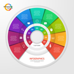 Vector circle infographic template for graphs, charts, diagrams. Pie chart concept with 9 options, parts, steps, processes.