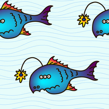 Cartoon party anglefish, seamless pattern. Mariana trench inhabitant