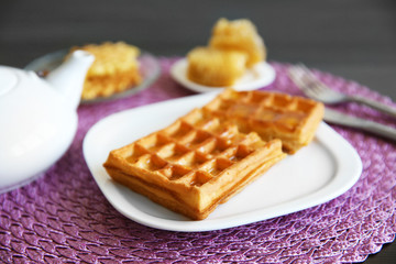 Breakfast with Belgian waffles and honey