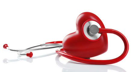 Red stethoscope with heart isolated on white