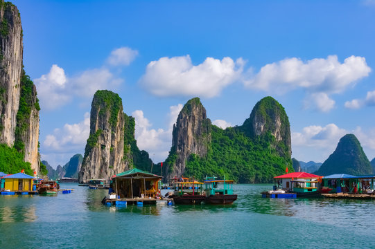 Floating village and rock islands in Halong Bay