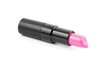 Open pink lipstick on white background