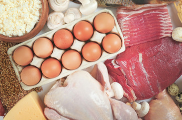 Products containing proteins and fats, close up