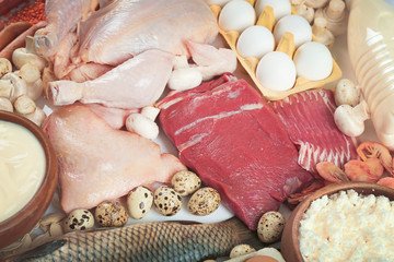 Products containing proteins and fats, close up