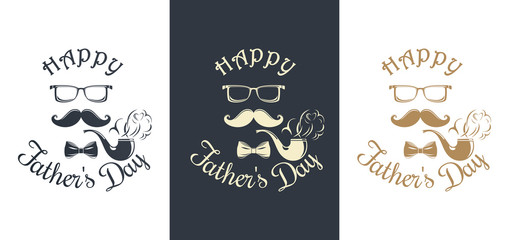 Set Father's Day card. Pipe, mustache, glasses, bow tie and greeting inscription - Happy Father's Day. Vector illustration