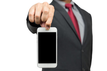 Businessman picking up mobile phone with his finger isolated on white background with clipping path