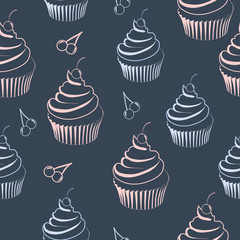seamless pattern with cupcake in pastel colors on dark blue background