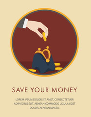 Financial  icon with hand putting a coin in a purse