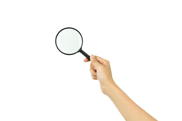 Hand holding magnifying glass isolated on white background with clipping path