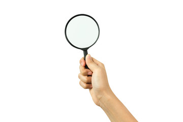 Hand holding magnify glass isolated on white background with clipping path