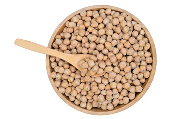 Bowl with chick peas on white background