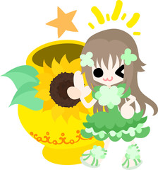 A cute little girl and a pot of sunflower
