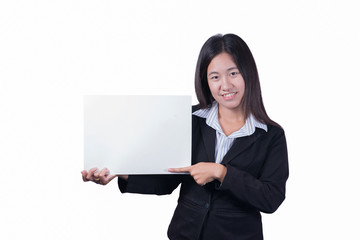 Asian woman holding a blank sign.