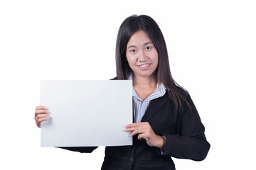 Asian woman holding a blank sign.