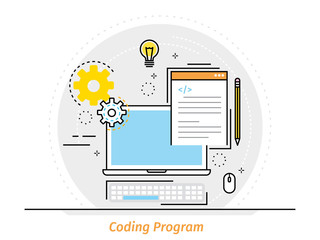 Thin line flat design concept of coding program