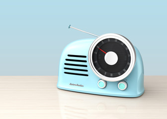 Pastel blue retro style radio isolated on light blue background. 3D rendering image with clipping path.