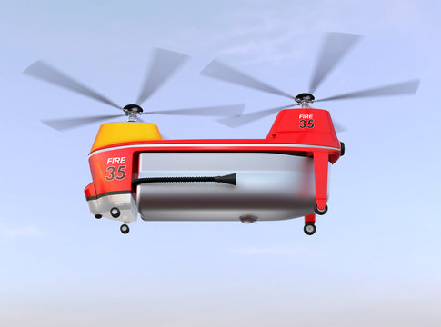 Fire fighting drone flying in the sky. Original concept design. 3D rendering image.