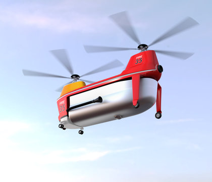 Fire fighting drone flying in the sky. Original concept design. 3D rendering image.