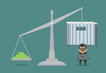 Place many bond in scales weight for prisoner release from prison. This illustration about bribery or meaning to bail.
