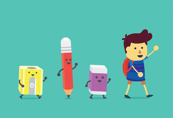 Obraz premium Boy walking to school with stationery for students. Pencil and eraser and pencil sharpener walking follow the him.