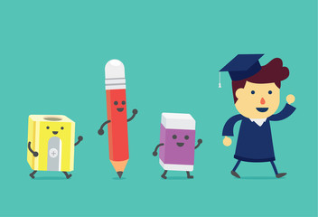 Graduate man walking to with stationery. Pencil and eraser and pencil sharpener walking follow the him like a assistant in education.