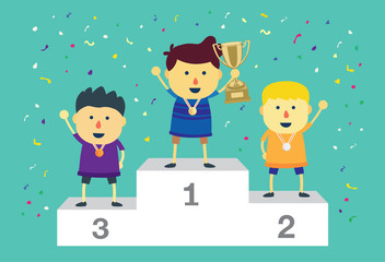 Three ranking winner kids standing on the winning podium holding up winning trophy.