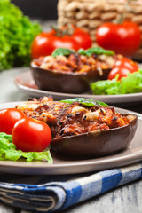 Baked eggplant with pieces of chicken