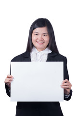 Asian woman holding a blank sign.