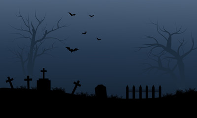 Fototapeta na wymiar Silhouette of graveyard and bat halloween