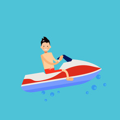 Vector male character in flat style - young man on a water bike