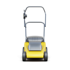 Frontal view of a lawn mower isolated on a white background. Yellow lawn mower. Electric lawn mower. 3d rendering.